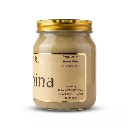 Enhanced Back view of a Sara Tahina jar showing the label and company information