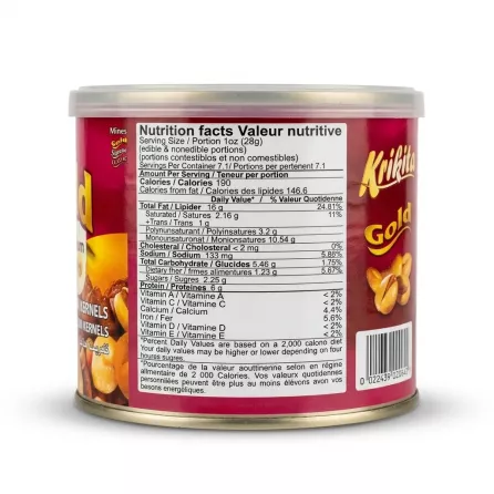 Enhanced Nutrition facts label on Krikita Gold Premium Kernels tin