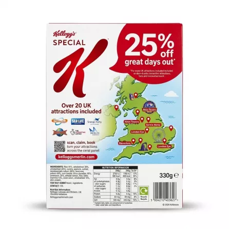 Enhanced Back of Kellogg's Special K Red Berries Cereal box with promotion and nutrition information