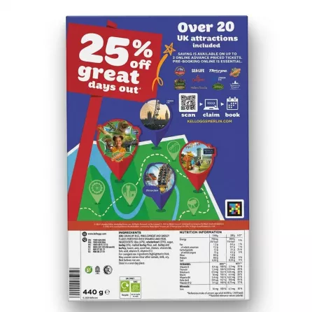 Enhanced Back of Special K cereal box displaying ingredients, nutrition, and UK attraction offer