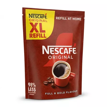 Enhanced Side view of Nescafé XL Refill coffee bag highlighting 98% less packaging weight