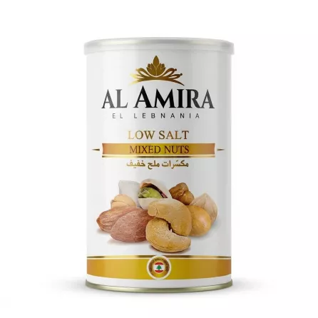 A professional front view studio photograph of the Al Amira Low Salt Mixed Nuts tin, which contains various nuts, against a seamless white background.