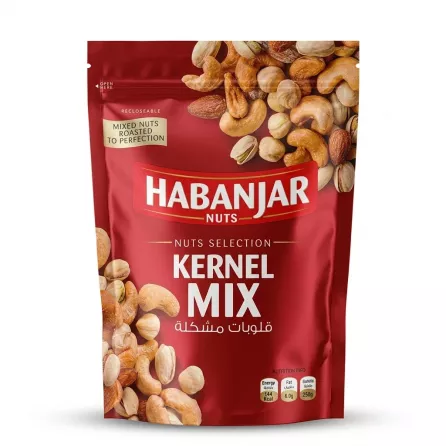 Front view of Habanjar Nuts Kernel Mix 250g recloseable bag, displaying various roasted nuts.