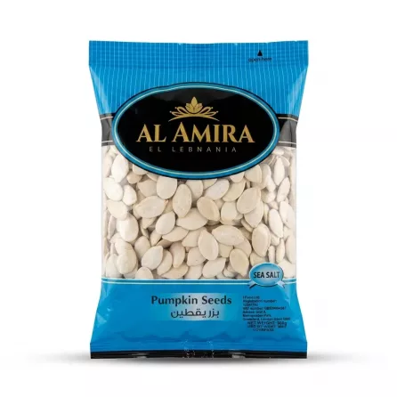 Enhanced Front of Al Amira Pumpkin Seeds Sea Salt blue packaging