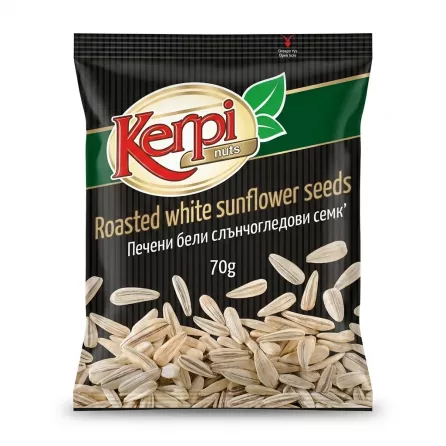 Enhanced Front of Kerpi Roasted White Sunflower Seeds 70g pack held in hand