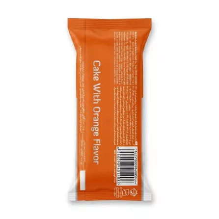 Enhanced Side of Naderi Family Cake showing cake with orange flavour label and barcode