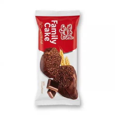 A 1:1 professional product photo of Naderi Cocoa Cake. The product, centrally placed and filling 85% of the frame, is in its clean red and white packaging with text and an image of the cocoa-flavored cake and ingredients. The image is sharply focused with professional studio lighting on a pure white background with soft, even shadows.