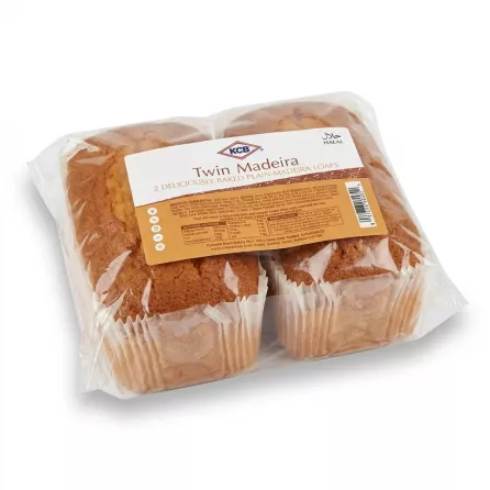 [An isolated product shot of a twin pack of KCB Madeira loaves in clear plastic packaging, featuring a white and orange label with Halal certification. The soft, golden-brown cakes are baked in white fluted paper cases and presented with soft, symmetrical shadows on a white background.]