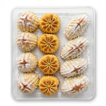 A clear tray filled with an assortment of intricately designed and patterned Rayan Mamoul pastries, lightly dusted with powdered sugar. The pastries are neatly arranged and centered against a clean white background.
