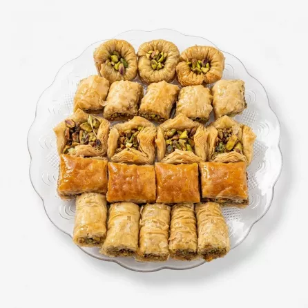Enhanced Top view of Sweetland Premium Pistachio Baklava Selection showing full platter of assorted baklava pieces