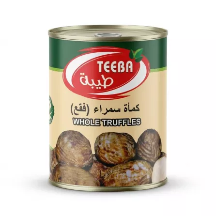 Enhanced Front view of Teeba Whole Truffles tin showing product name and truffles image