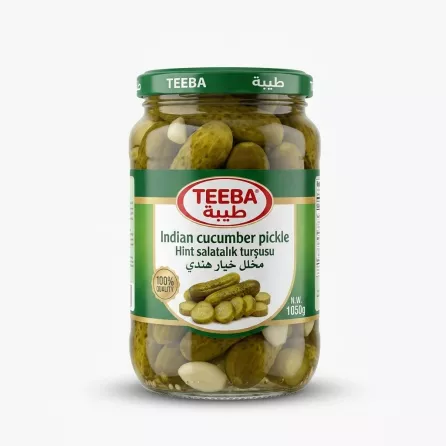 Enhanced Front view of Teeba Indian Cucumber Pickle 1050g jar in hand