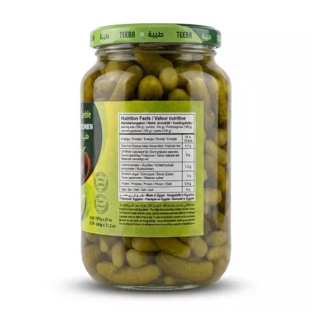 Enhanced Back view showing nutrition facts of Teeba Indian Cucumber Pickle jar