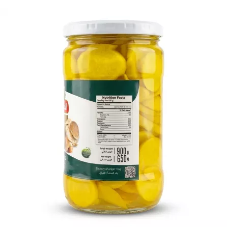 Enhanced Back of Al Hussam Garlic Ajem Pickle jar with nutrition facts and weights