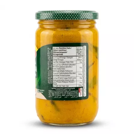 Enhanced Back view of Durra Amba Pickles jar showing nutrition details