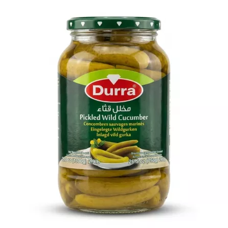 Enhanced Front view of Durra Pickled Wild Cucumber 1300g jar with green label