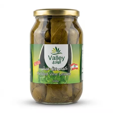 Enhanced Front label of Valley Pickled Vine Leaves 1400g jar held in hand