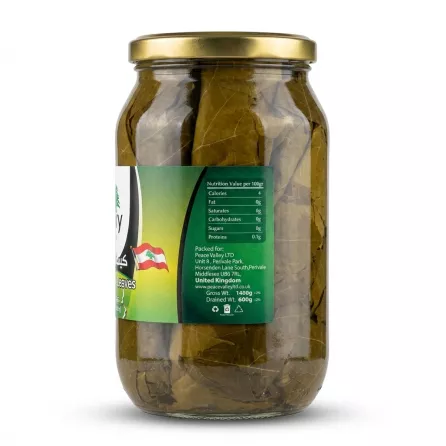 Enhanced Back label with nutritional information and UK importer of Valley Pickled Vine Leaves 1400g