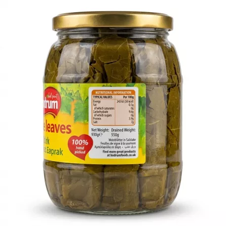 Enhanced Back of Bodrum Grape Leaves jar displaying nutritional information