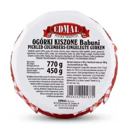 Enhanced Top view of Edmal Ogórki Kiszone Babuni label and nutritional information