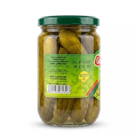 Enhanced Back view of Gardenia Pickled Cucumbers jar with product information