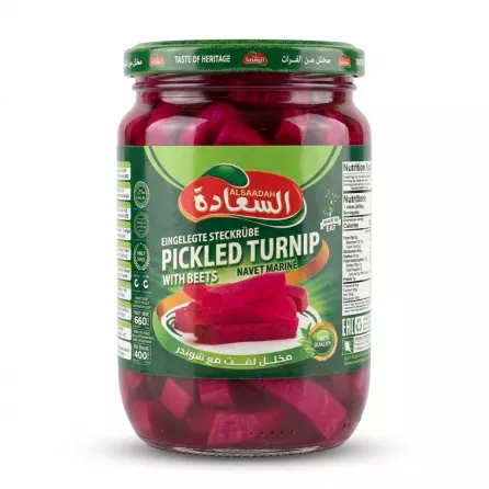 Enhanced Front view of Alsaadah Pickled Turnip with Beets jar in hand