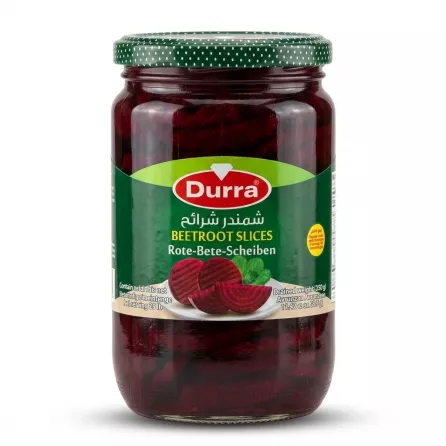 Enhanced Front of Durra Beetroot Slices jar showcasing label and slices inside