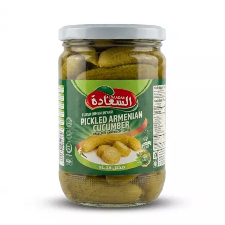 Enhanced Front view of Alsaadah Pickled Armenian Cucumber jar 660g