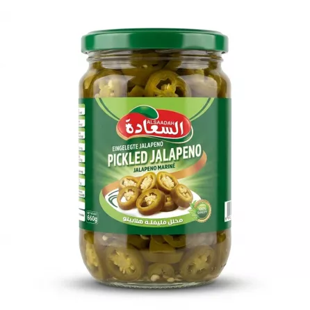 A 660g jar of Alsaadah brand sliced pickled jalapeños, featuring the green and red logo and slices through the clear glass, set against a clean white background.