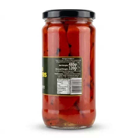 Enhanced Back of Sofra Roasted Red Peppers jar showing ingredients and nutritional information