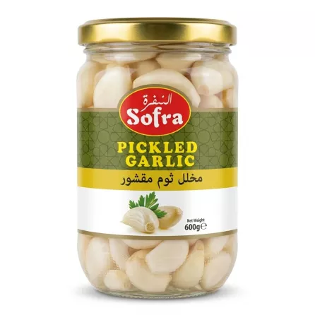 Enhanced Front view of Sofra Pickled Garlic 600g jar