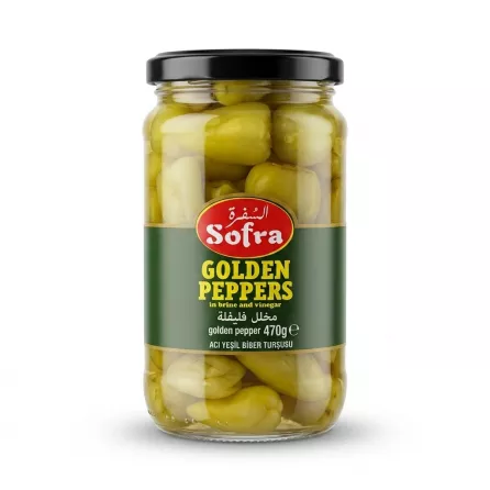 ** A 470g jar of Sofra Golden Peppers in brine and vinegar, with the peppers and complete label information clearly visible against a seamless white background.