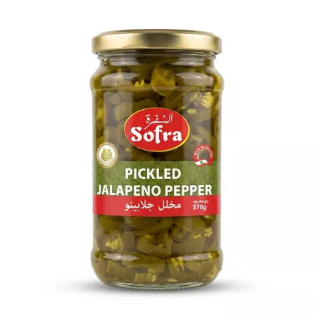 Enhanced Hand holding Sofra Pickled Jalapeno Pepper jar front label