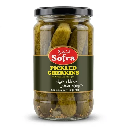 Enhanced Front of Sofra Pickled Gherkins jar 480g in store hand-held