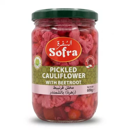 A 600g glass jar of Sofra Pickled Cauliflower with Beetroot, featuring a red oval logo and a green textured band with English and Arabic text. It is filled with vibrant pink pickled cauliflower and beets, shown against a clean white background with professional studio lighting.