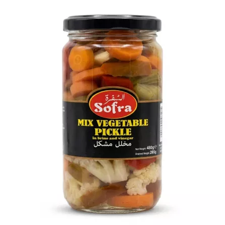 Enhanced Front view of Sofra Mix Vegetable Pickle 480g jar with label