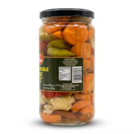 Enhanced Rear label of Sofra Mix Vegetable Pickle jar showing nutrition and storage info