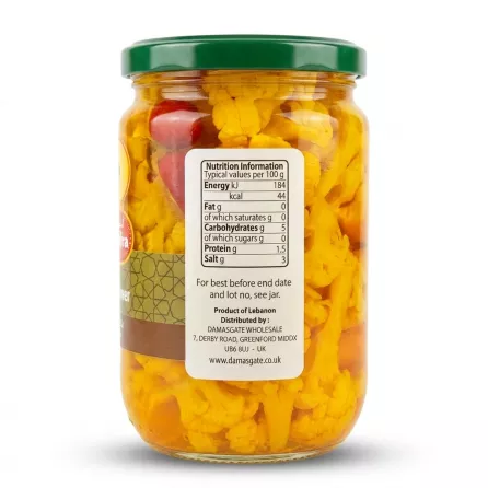 Enhanced Back of Sofra Pickled Cauliflower jar showing nutrition facts