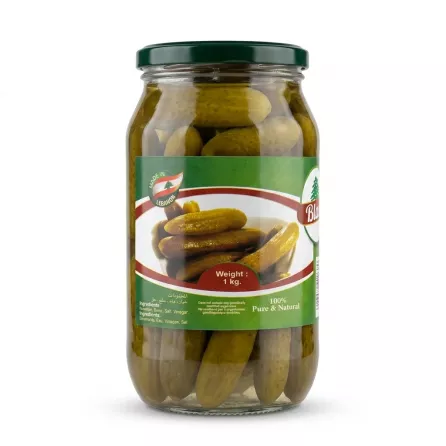 Enhanced Back of Bladi pickled cucumbers jar showing weight and Lebanese origin