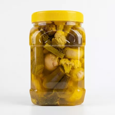 Enhanced Back view of Al Shifa Mixed Pickles jar displaying pickled vegetables through the plastic container