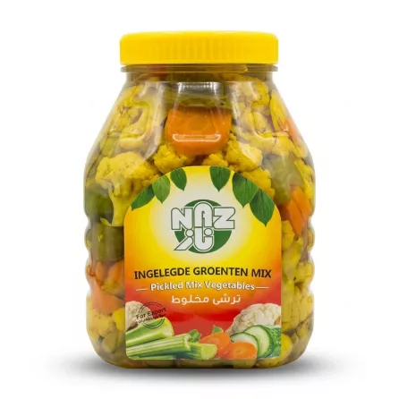 A large plastic jar of Naz brand Pickled Mix Vegetables, featuring a vibrant yellow lid and colorful label, is centered on a clean white background. I have enhanced your product photo to meet professional e-commerce standards while strictly maintaining the product's factual details. Here is the transformed image and the corresponding alt-text: ALT-TEXT: A large plastic jar of Naz brand Pickled Mix Vegetables, featuring a vibrant yellow lid and colorful label, is centered on a clean white background.