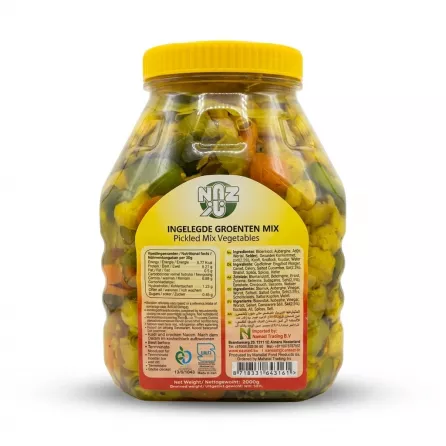 Enhanced Rear label of Naz Pickled Mix Vegetables jar with ingredients and nutrition facts