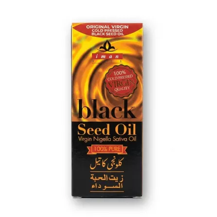 Enhanced Front view of Iman Black Seed Oil 100ml box showing branding and product information