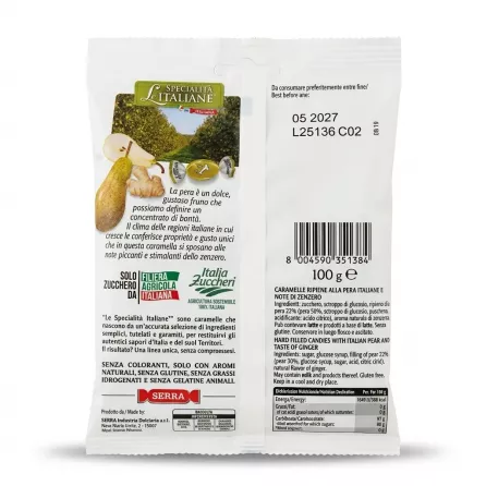 Enhanced Back packaging with ingredients and nutritional information for Serra Italian pear and ginger filled candies