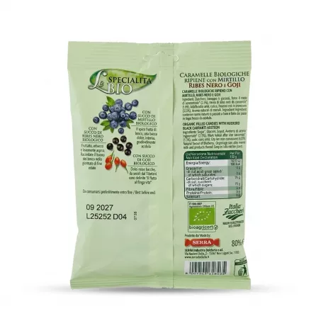 Enhanced Back of Le Specialita Bio Organic Filled Candies bag with ingredients and nutritional information