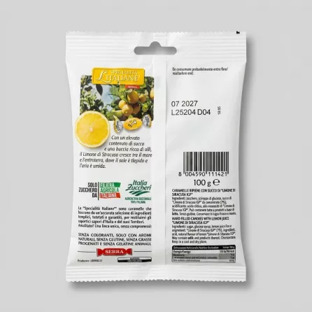 Enhanced Back of Specialità Italiane Lemon Filled Candies pack with label details