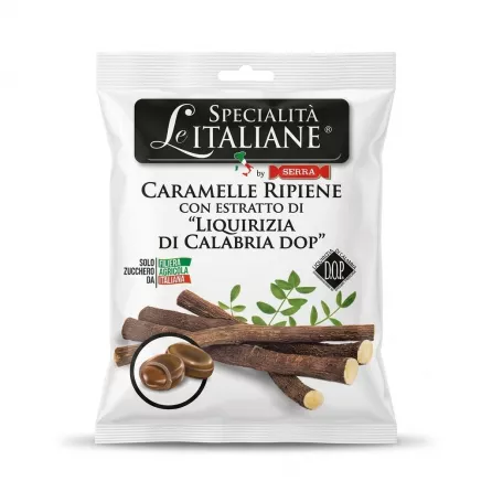A 100g bag of Serra "Le Specialità Italiane" Caramelle Ripiene, featuring filled candies made with D.O.P. Calabria liquorice extract, presented on a clean white background with a soft, even shadow. The packaging features a prominent illustration of liquorice roots and mint, with clear text details about the authentic Italian ingredients.