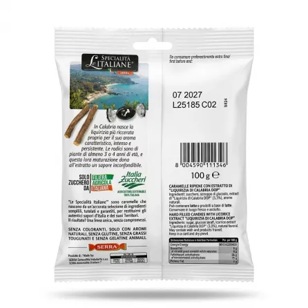 Enhanced Back view of Specialità Italiane Liquorice Filled Candies showing ingredients and information