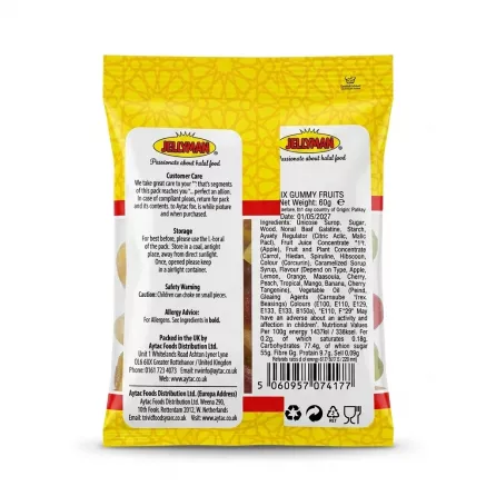 A 1:1 professional e-commerce product photograph of the back of a Jellyman Mixed Fruit Jelly Sweets 60g packet, showing clear ingredients list, nutritional information, barcode, and distributor details, centered on a plain white background. PRODUCT TITLE: Jellyman Mixed Fruit Jelly Sweets Halal PRODUCT: The back of a 60g packet of Jellyman Mixed Fruits Sweet Jelly, featuring full textual details like ingredients (Gummy Fruits, Halal Gelatine), storage info, distributor info (Aytac Foods), nutritional values per 100g, weight, "Before" date, and barcode (5060957074177).