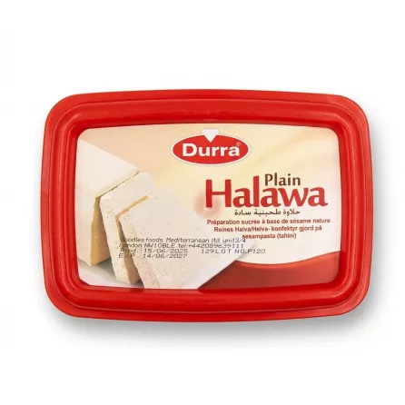 Enhanced Durra Plain Halawa 700g tub held in hand in front of grocery shelves